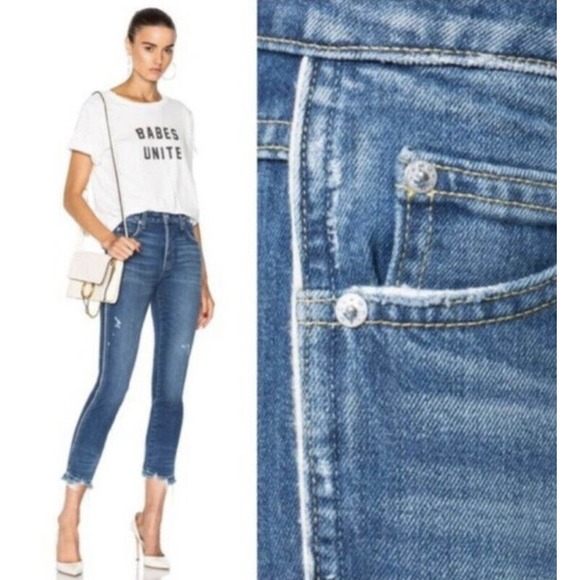 AMO Babe Old School Jeans • 24• with Piping Blue Raw Hem $298 - Picture 2 of 14